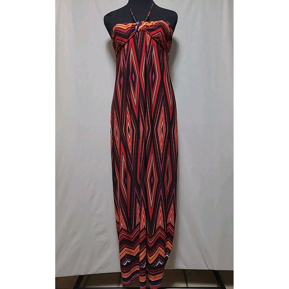 En Focus Studio Maxi Dress with Beaded Halter Tie Womens 8 Multicolor Stretch